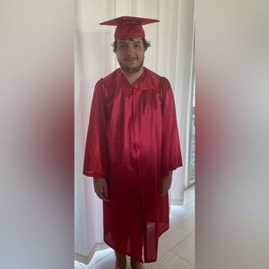 Oak Hall Red Graduation Cap & Gown- 47” length. Made for a person 5’6” to 5’8”